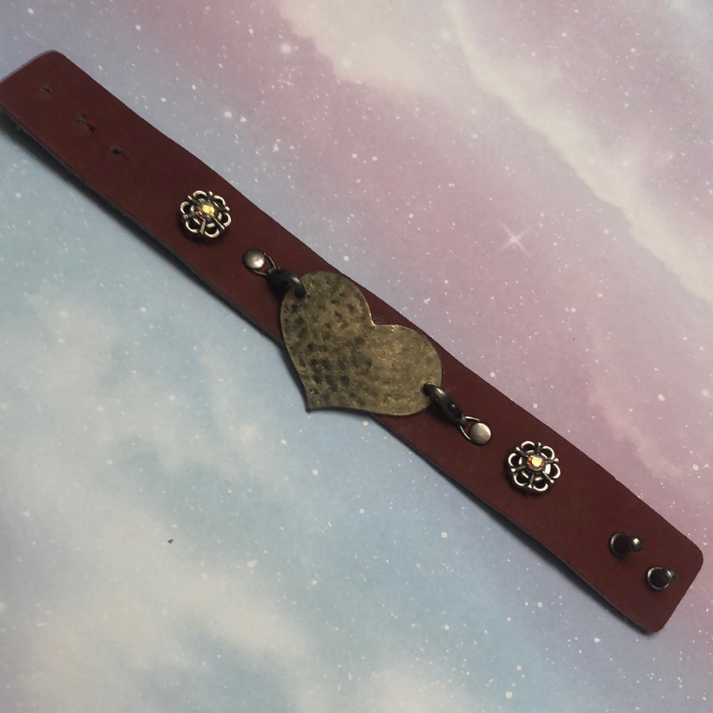 Leather Studs Hammered Heart Bracelet